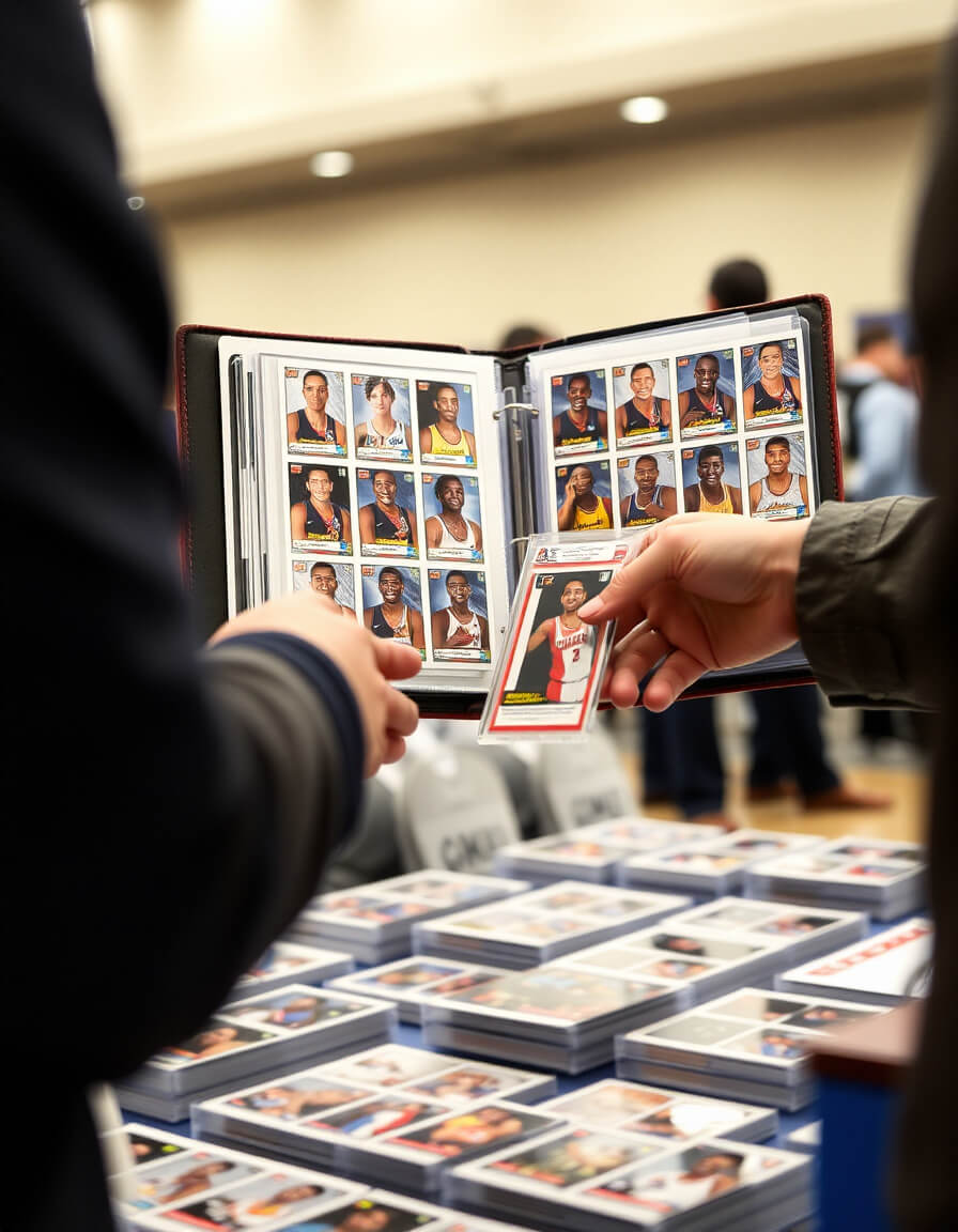 Collectors making a sports cards trade at a card show